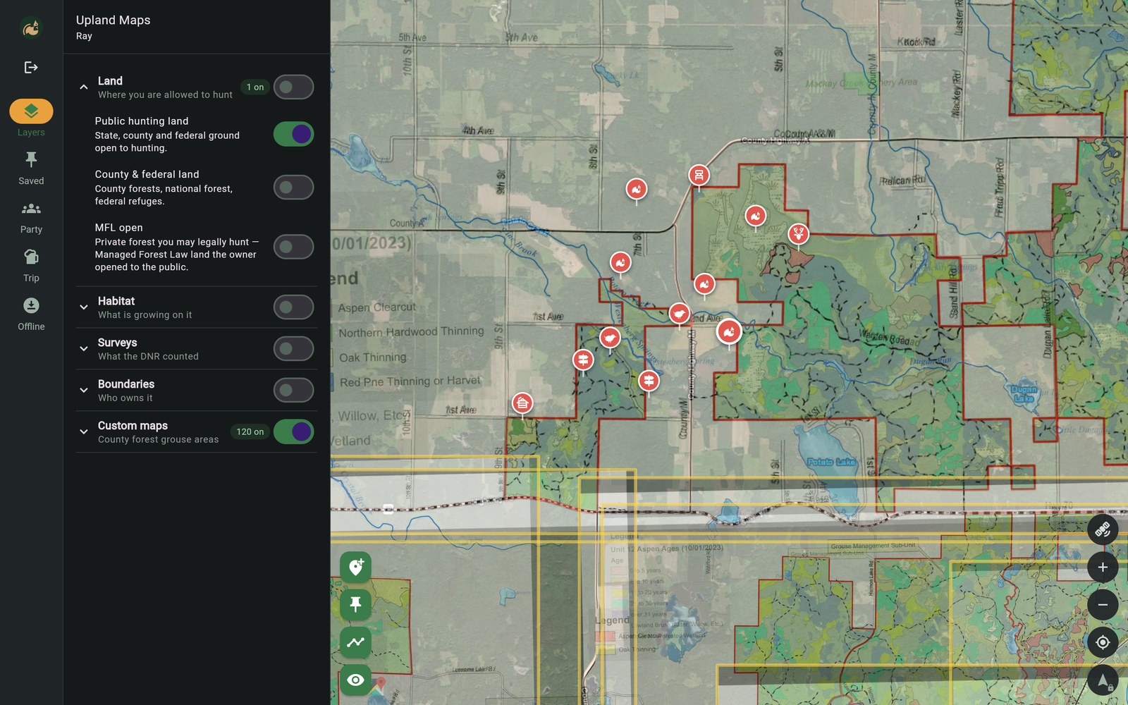 Public hunting land shaded red with county forest grouse area maps laid over aerial imagery, marks dropped across it